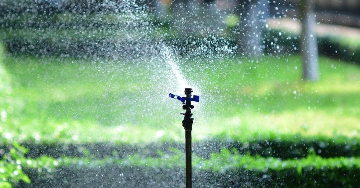 Elite Sprinkler Systems impact sprinkler fan spray on a lush lawn in Birmingham, Michigan — serving all of Metro Detroit.
