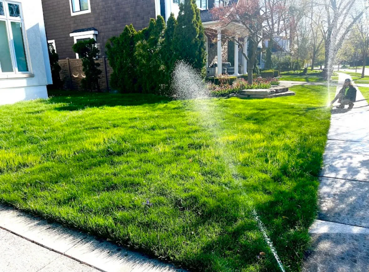 Elite Sprinkler Systems technician inspecting an active sprinkler on a residential front lawn in Metro Detroit