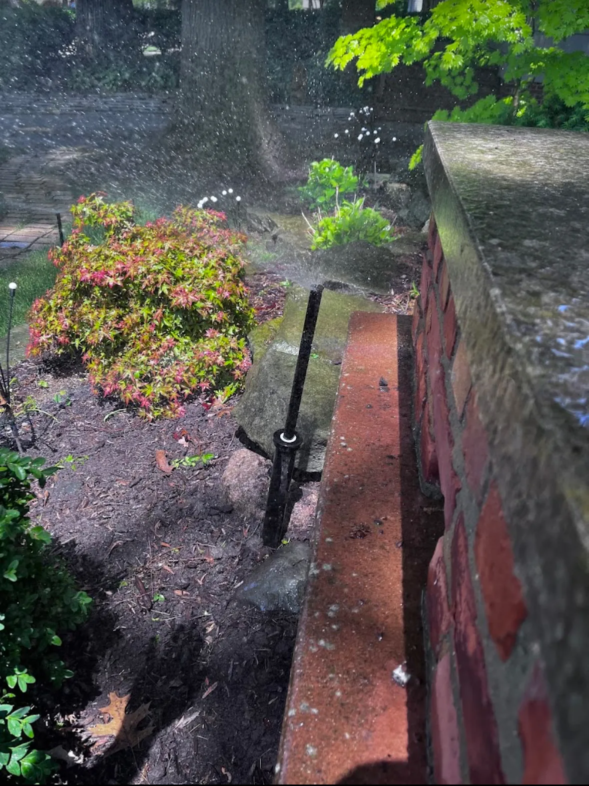 Sprinkler head repair close-up at brick wall in Michigan — Elite Sprinkler Systems technician