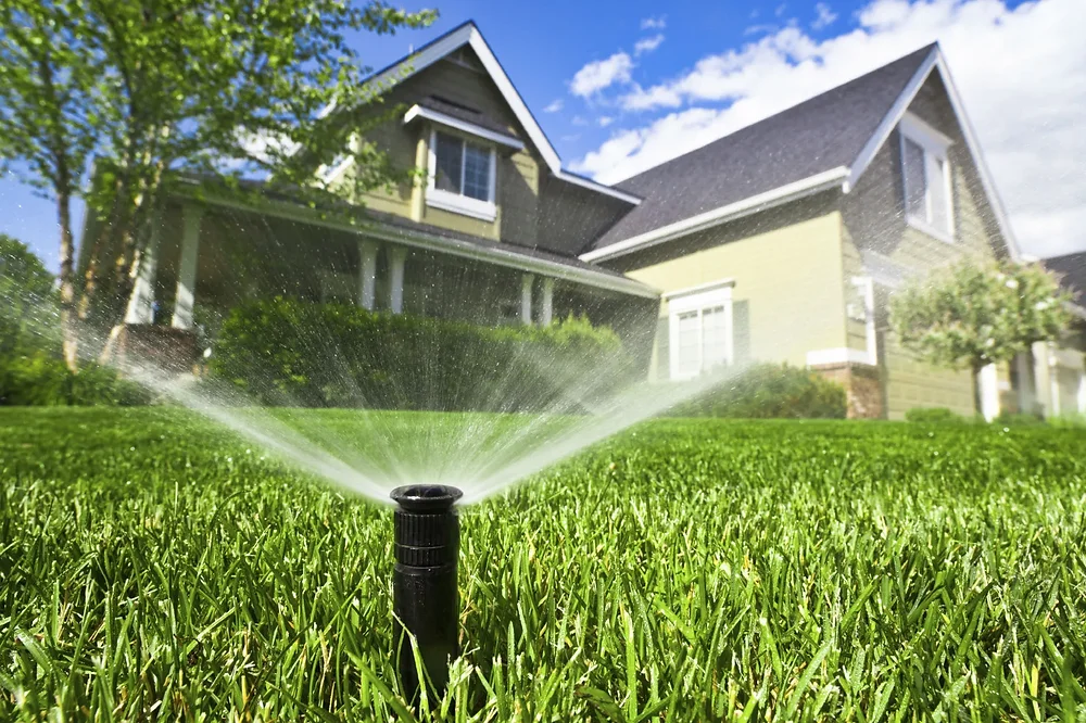 Healthy green lawn being watered by a sprinkler system in Michigan
